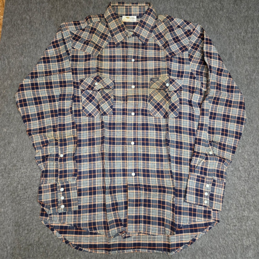 Vintage Key Western Pearl Snap Shirt Mens 16 35 Blue Plaid Cotton Long Sleeve US